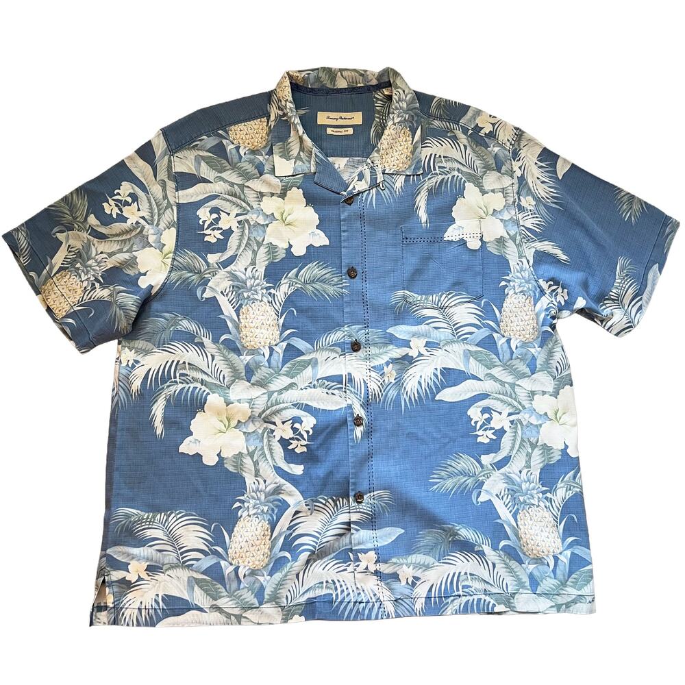 Tommy Bahama Shirt XXL Mens Blue Pineapple Hibiscus Silk Blend Hawaiian Camp